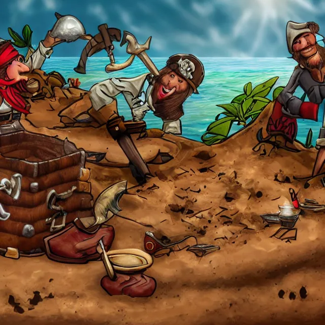 Image similar to pirates dig up chest, on island, detailed, 4 k