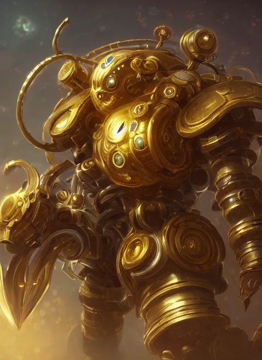 Image similar to a highly detailed illustration of gentle colossal golden mechanical gear giant, with cute doting eyes, intricate, elegant, highly detailed, centered, digital painting, artstation, concept art, smooth, sharp focus, league of legends concept art, wlop.