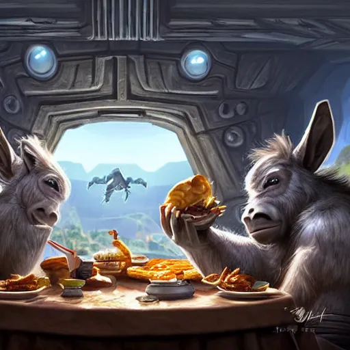 Image similar to ultrarealistic, ultradetailed, donkey eating breakfast, sitting on a futuristic table with aliens, at the end of the universe, very very very ultradetailed, epic fantasy style art, fantasy epic digital art, epic fantasy art, hearthstone style art