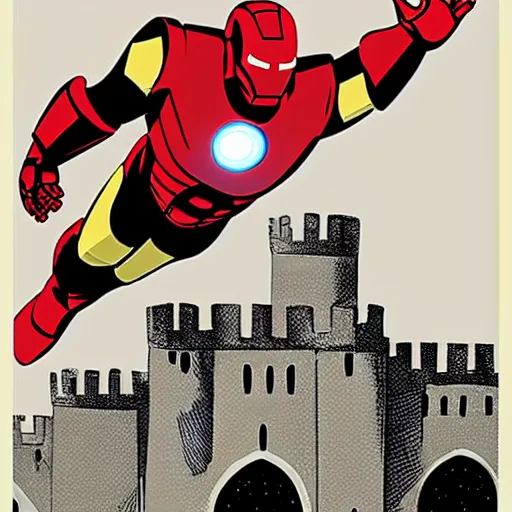 Prompt: Iron man flying above a large castle, David Aja, comic book art