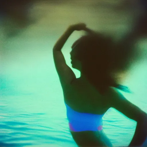 Prompt: colored photography, close-up from behind big chested woman swimming in under ocean at night, blue light, 35mm film,
