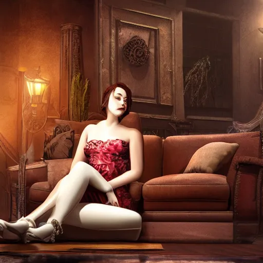 Image similar to a beautiful female is sitting on her living room couch. She is dressed casually and is watching TV, Realistic, Refined, Detailed Digital Art, Steampunk, Highly Detailed, Cinematic Lighting, Unreal Engine, 8k, HD