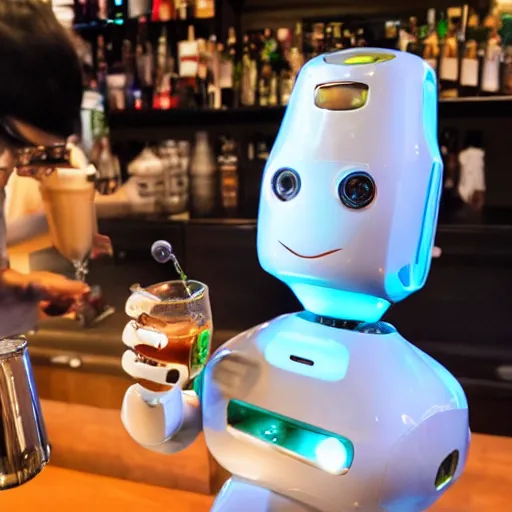 Prompt: a robot orders a drink from the TY puppy bartender.