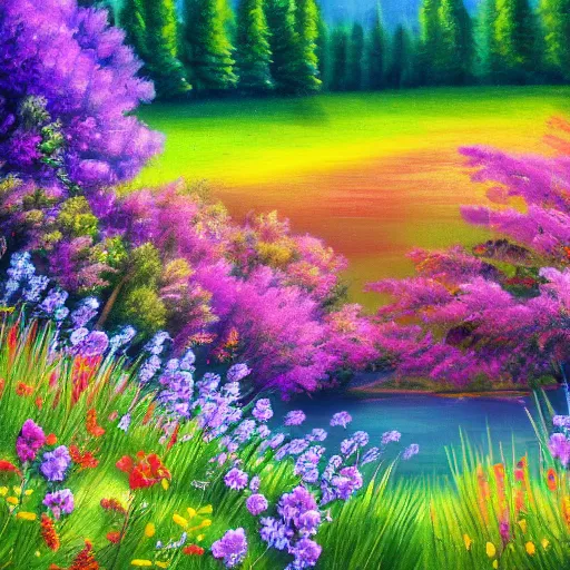 Image similar to meadow with colorful flowers and lake detailed airbrushed magical realism landscape painting 4 k