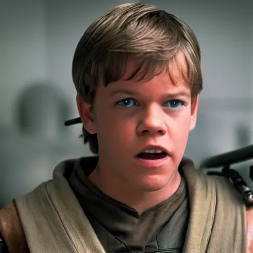 Image similar to young matt damon as luke skywalker in star wars episode 6, 8k resolution, full HD, cinematic lighting, award winning, anatomically correct