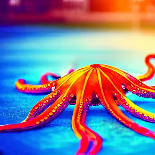 Image similar to a friendly large octopus playing soccer, on a soccer field, realistic photo, award winning photo, ultra wide shot, 3 5 mm, bokeh, blurred background, colorful lights, golden ratio