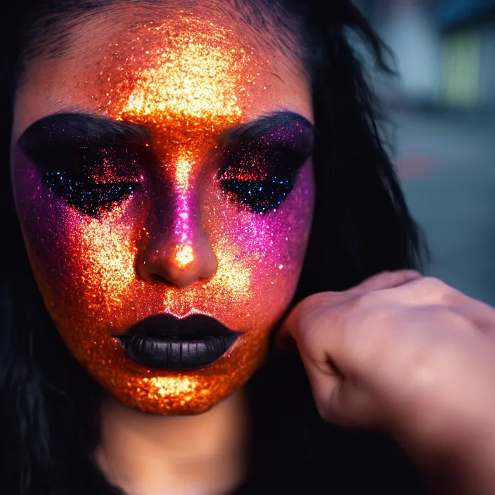 Image similar to Cinestill 50d candid photography of a city on fire, a techwear mixed woman wearing thick mascara and dark glitter makeup crying outside of a city on fire, tattoos, tilted frame, 4k, 8k, hd, full color, long shot, wide shot, full shot, blurry