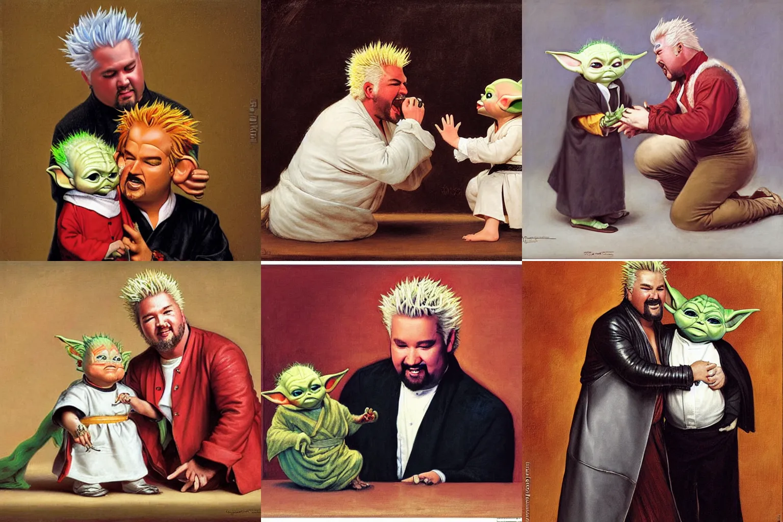 Prompt: guy fieri and baby yoda opera duet by eugene de blaas