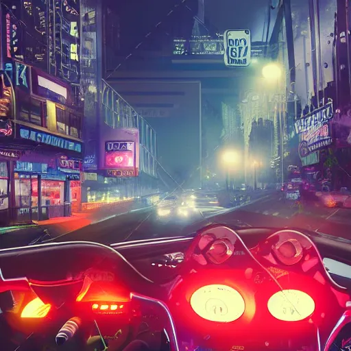 Prompt: extremely detailed and complex poster for night time motorcycle video game, night time, motorcycle, fog, mist, buildings, city, traffic signs, barriers