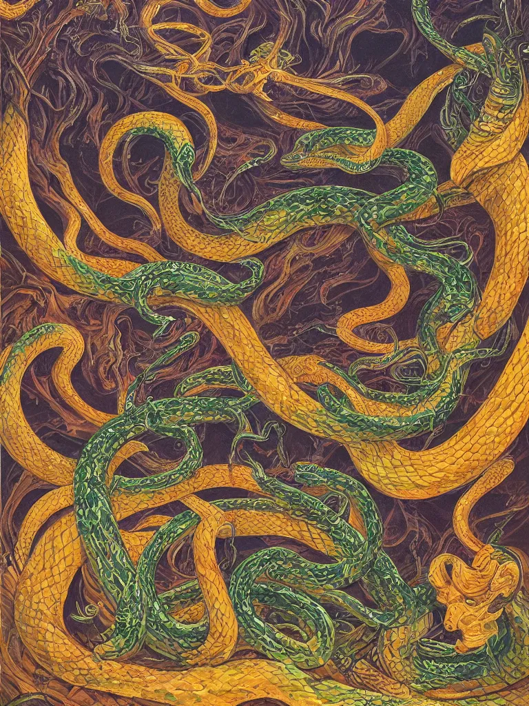 Prompt: ultradetailed painting of a slithering snake, chaotic primordial scene, volumetric lighting, serpent tarot card by Frieda Harris