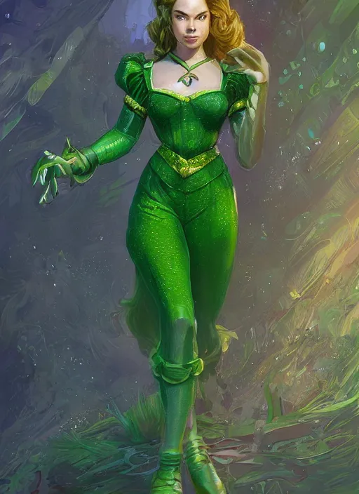 Image similar to beautiful female dorothy gale, rebecca romijn as dorothy, full body character concept, covered in full emerald armor, armor plating, art nouveau, super powers, fantasy, intricate, elegant, highly detailed, digital painting, artstation, concept art, shining, sharp focus, illustration, art by stanley lau