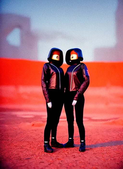 Prompt: photographic portrait shot on cinestill 5 0 d of two loving clones, techwear women on a desolate plain with a red sky, diverse, in front of a brutalist dark metal facility, dust storm, 3 5 mm, 8 k, depth of field, high resolution, ultra realistic faces