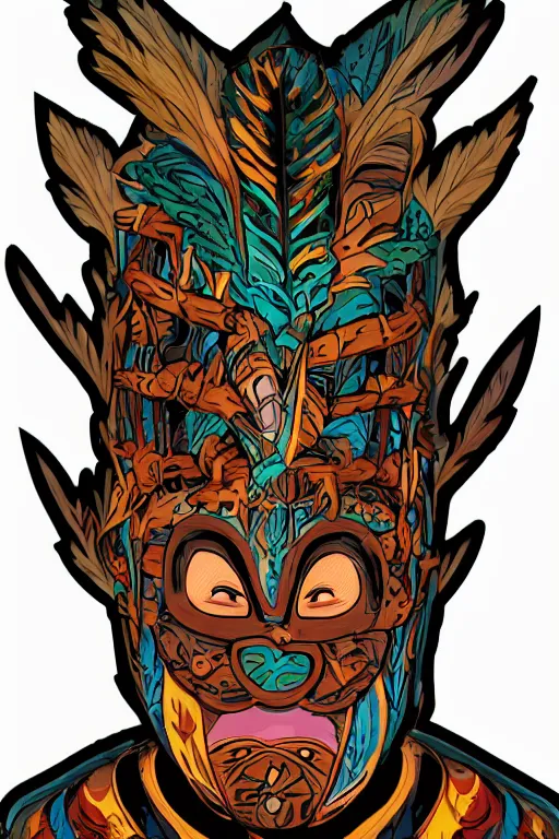 Image similar to animal mask totem roots flower tribal feather gemstone plant wood rock shaman vodoo video game vector cutout illustration vivid multicolor borderlands comics by josan gonzales and dan mumford radiating a glowing aura