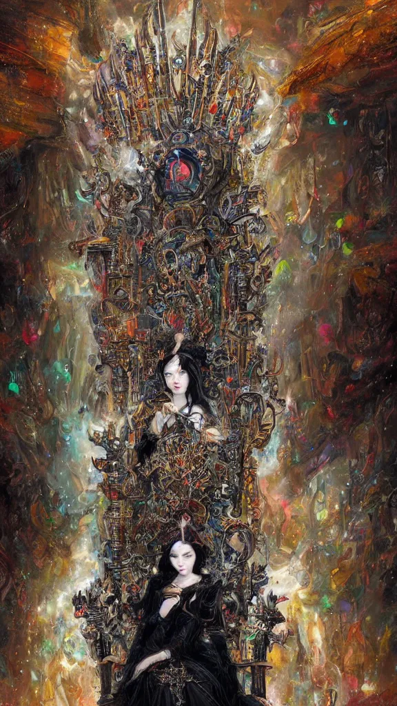 Image similar to painting of a beautiful black haired woman with pale skin and a crown on her head sitted on an intricate metal throne, illustration, artistic, colorful, hyper detailed, in the style of greg rutkowski,