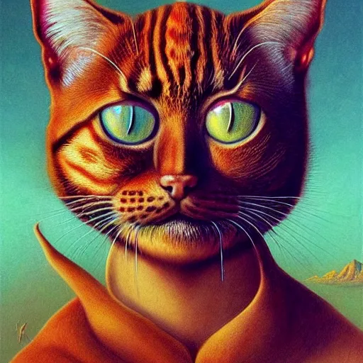 Image similar to a cat having an ego trip, by alex grey, by Esao Andrews and Karol Bak and Zdzislaw Beksinski and Zdzisław Beksiński, trending on ArtStation