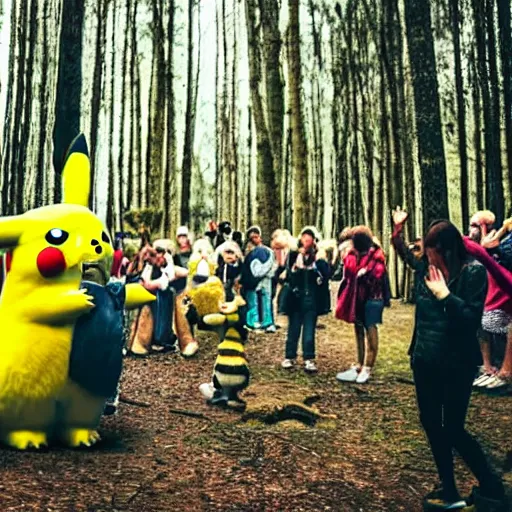 Image similar to photograph of a group of people worshipping a giant!!!, fluffy!!!, chubby!!!, pikachu in a forest, ultra realistic!!!, spring time, slight overcast weather, ( golden hour ), sharp focus