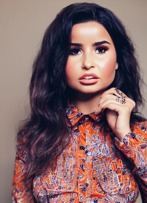 Image similar to portrait of demi rose wearing batik shirt, by francis giancobetti, natural light, detailed face, canon eos c 3 0 0, ƒ 1. 8, 3 5 mm, 8 k, medium - format print