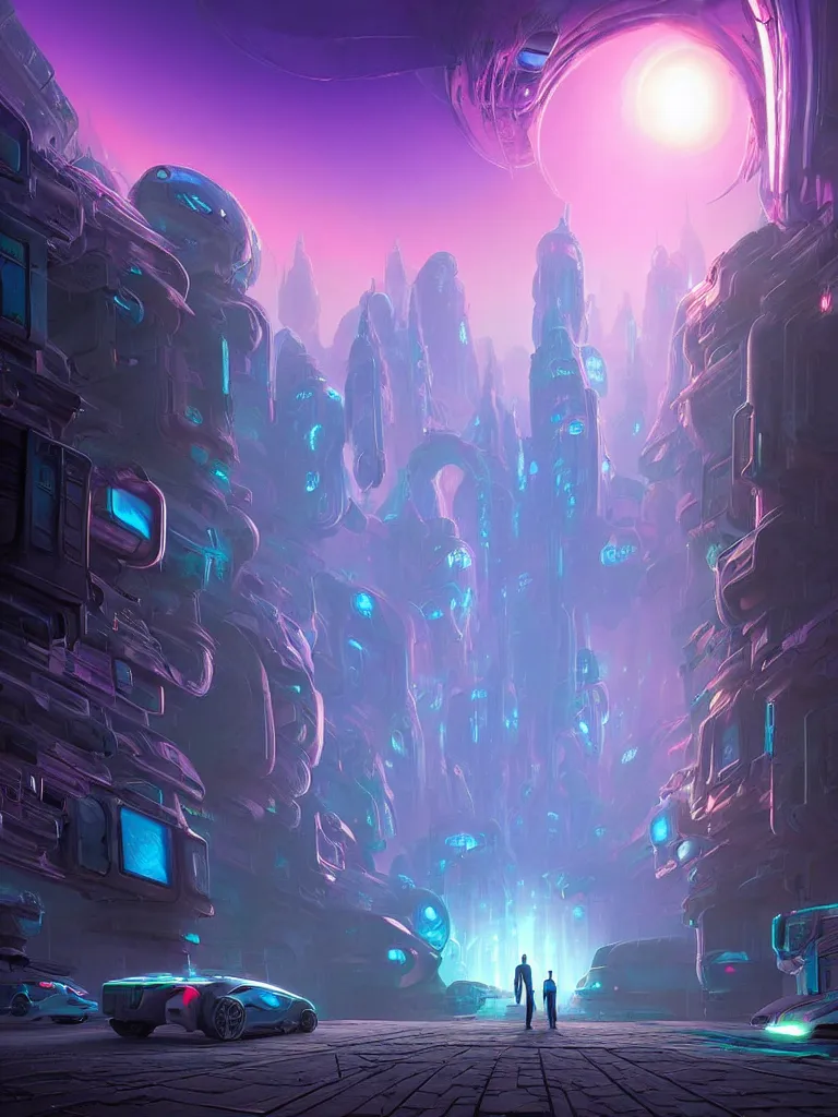 Image similar to entrance to ethereal realm, humans and robots, rendered in unreal engine, central composition, symmetrical composition, dreamy colorful cyberpunk colors, 6 point perspective, fantasy landscape with anthropomorphic!!! terrain!!! in the styles of igor morski, jim warren, and rob gonsalves, intricate, hyperrealistic, volumetric lighting, big sky, distinct horizon