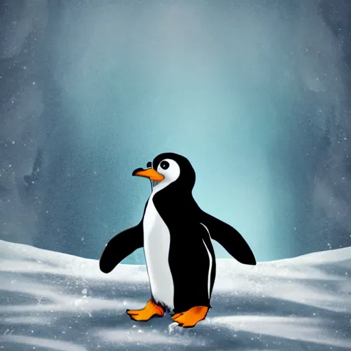 Image similar to A penguin on a icy cliff dressed as a gothic emo. Illustration