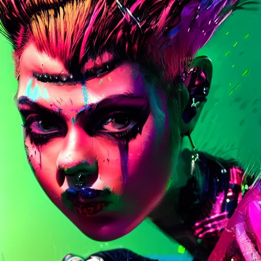 Image similar to splashes of neon, mowhawk, punk women portrait made out of paint, trending on artstation, epic composition, emotional, beautiful, rendered in octane, highly detailed, realistic, tim burton comic book art, sharp focus, unreal engine, depth of field, path tracing