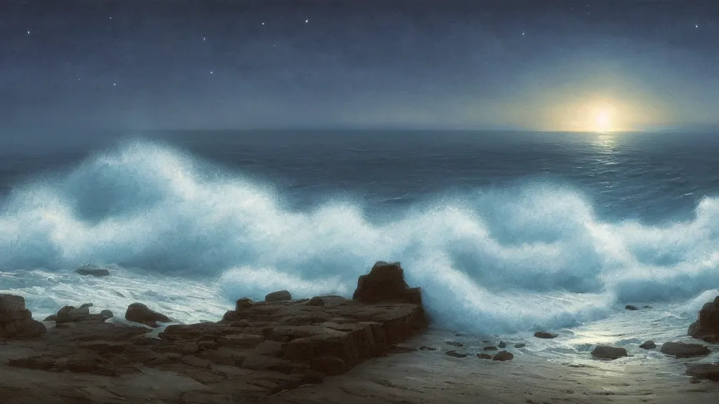 Prompt: first person view of breaking waves on the shore during the night, blue toned, night sky, moonlit , sea breeze rises in the air, by andreas rocha and john howe, and Martin Johnson Heade, featured on artstation, featured on behance, golden ratio, ultrawide angle, f32, well composed