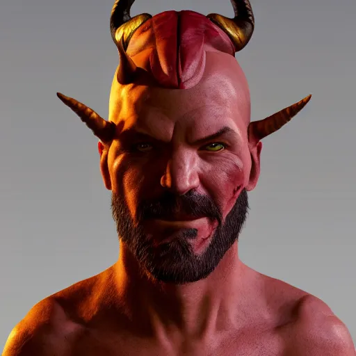Prompt: a upper boddy portrait d & d style male tiefling, with red skin, completely golden eyes, and a black beard, with 2 horns protruding out of his forehead which curve back, one is broken at a quarter of the length of the other, octane render, unreal engine 6, conceptual art, ray tracing
