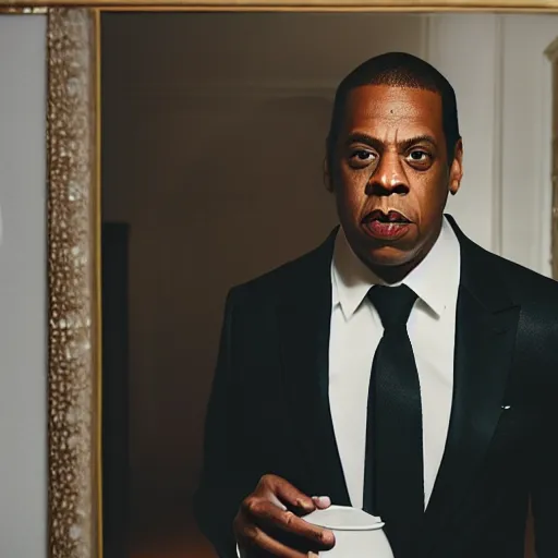 Image similar to cinematic shot of jay - z wearing a suit and standing in a fancy penthouse holding a jug of milk, 8 k, very detailed, very intricate,