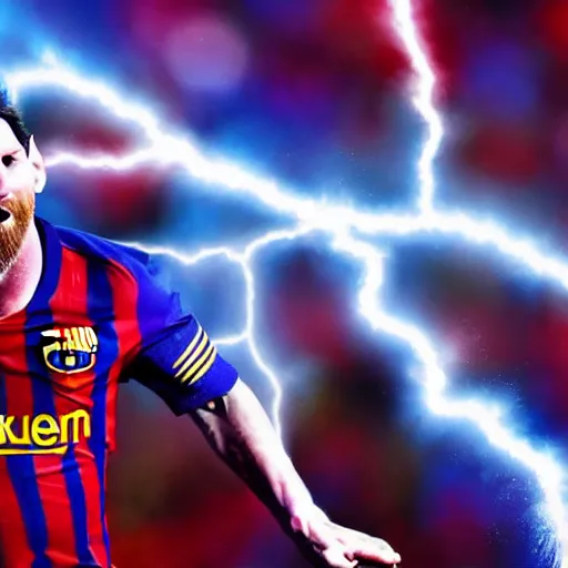 Image similar to lionel messi running extremely fast engulfed in blue lightning vortex, 8 k