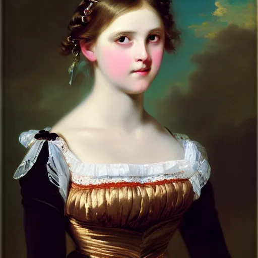 Image similar to portrait of a german teenage princess, circa 1 8 5 0 by franz xaver winterhalter, highly detailed, beautiful, oil on canvas, 1 8 5 0 s, romanticism