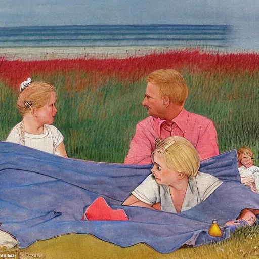 Image similar to a nine year old blonde girl and her two parents sit on a blanket at the beach and watch through sun go down in the style of Carl larsson
