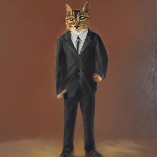 Image similar to oil painting of a bipedal cat in suit,