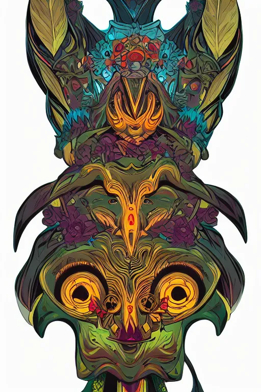 Image similar to animal mask totem roots flower tribal feather gemstone plant wood rock shaman vodoo video game vector cutout illustration vivid multicolor borderlands comics by josan gonzales and dan mumford radiating a glowing aura