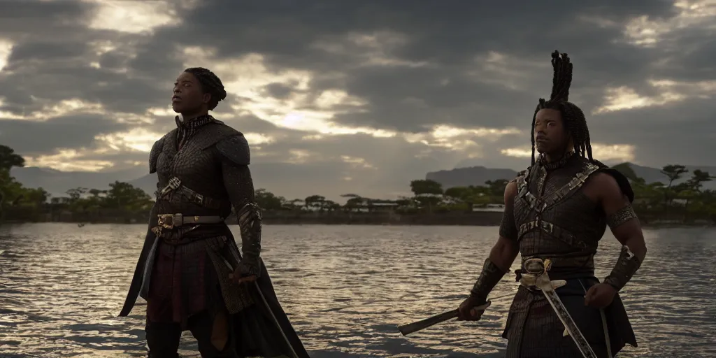 Image similar to a film still of a black man starring in a japanese blockbuster film as ancient samurai in the city of wakanda, shallow depth of field, cinematic, award winning cgi, vfx, film still