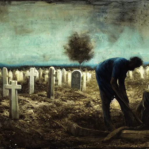 Prompt: one man in a cemetery digging up a dead body, by nicola samori, painting, 8 k, high detail, medium blue, orange, and dark green tones, high quality, sad feeling, high detail, dark colors, sinister atmosphere, dramatic lighting, cinematic, establishing shot, extremely high detail, photo realistic, cinematic lighting