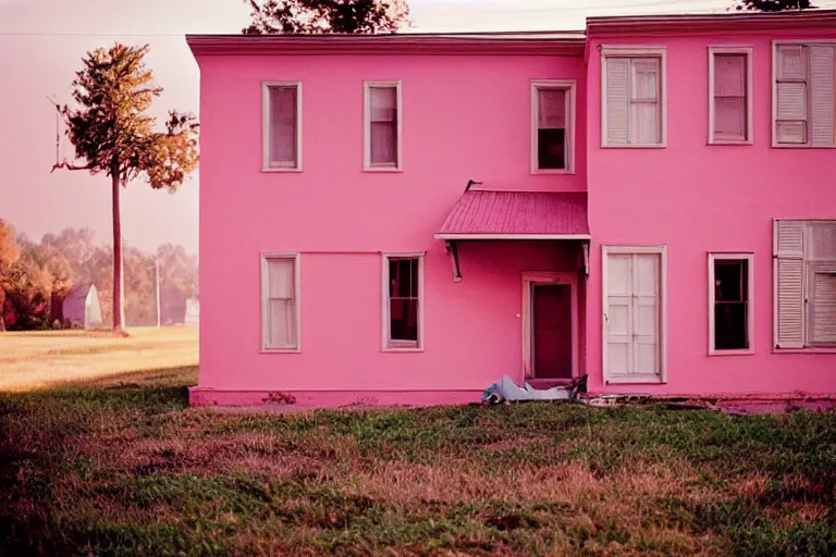 Image similar to film photography from 7 0 s, pink house with many windows, soft light, golden hour, in style of joel meyerowitz