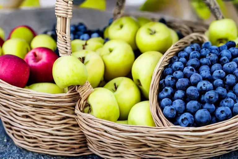 Image similar to a basket of apples beside a basket of bananas beside a basket of blueberries