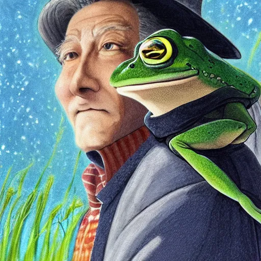 Image similar to A portrait of a wizard but his head is a frog', painted by Studio Ghibli, 4k, traditional art, trending on deviantart, highly detailed, full body shot, wide depth of field, professional lighting, airbrush