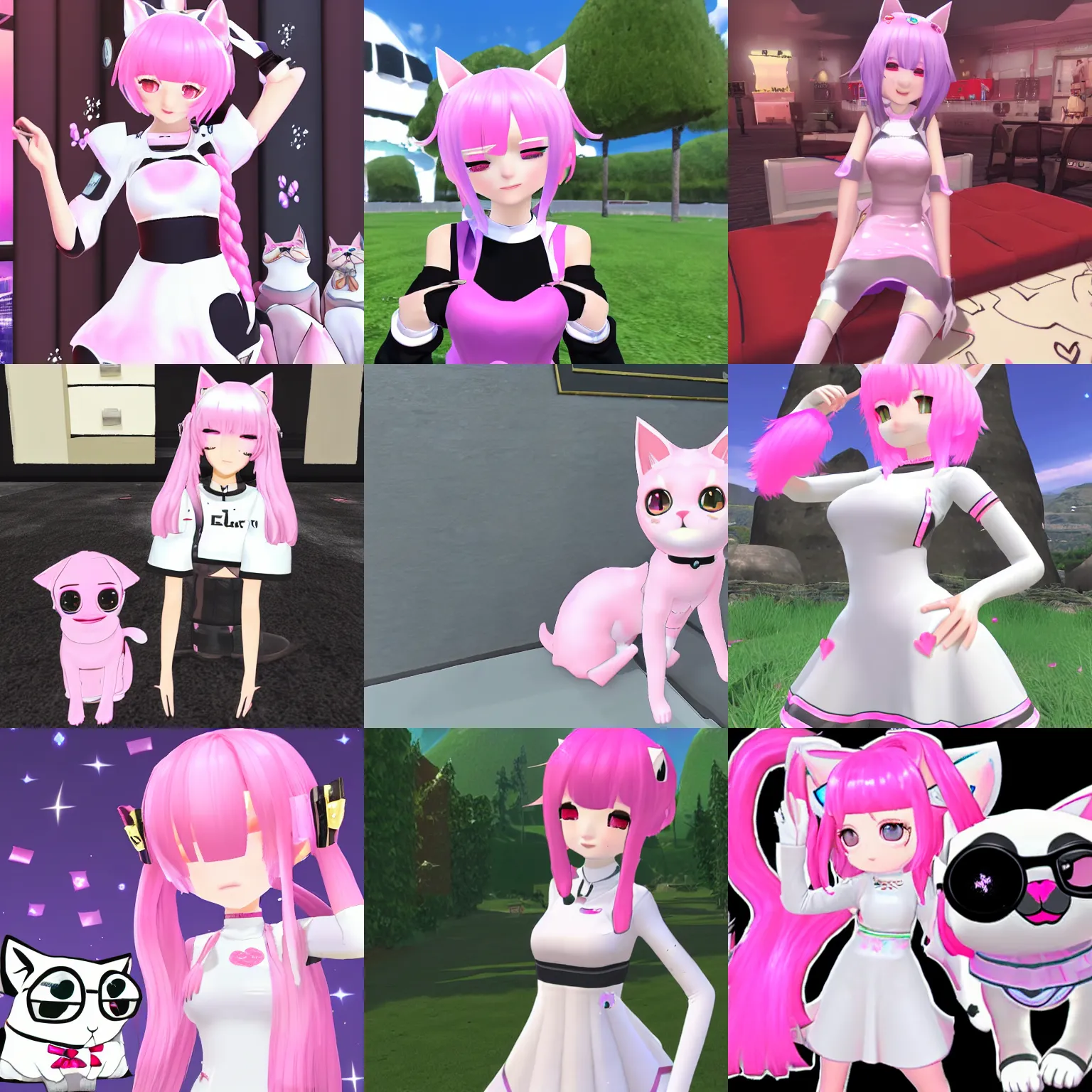 Prompt: VRChat e-girl, white elite dress, pink hair, red cat ears, winking, in the Great Pug