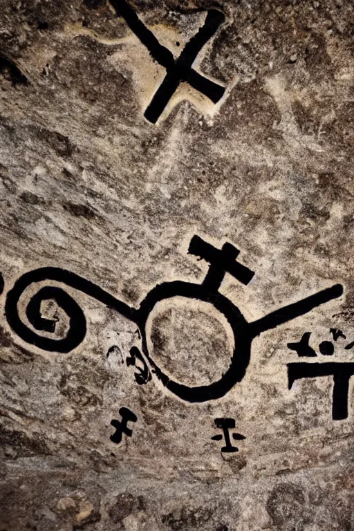 Image similar to 4 k photography of petroglyphs representing crosses, ufo, yin yang symbol on a cave