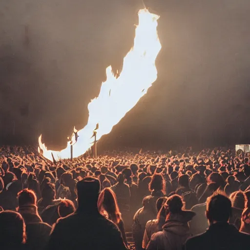 Image similar to a crowd of people standing in front of a fire, a flemish baroque by elsa bleda, unsplash, nuclear art, hellish, dystopian art, volumetric lighting