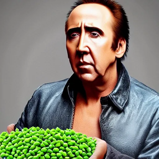 Image similar to nicolas cage trapped in a wicker cage with peas on his face, looking up, not the bees