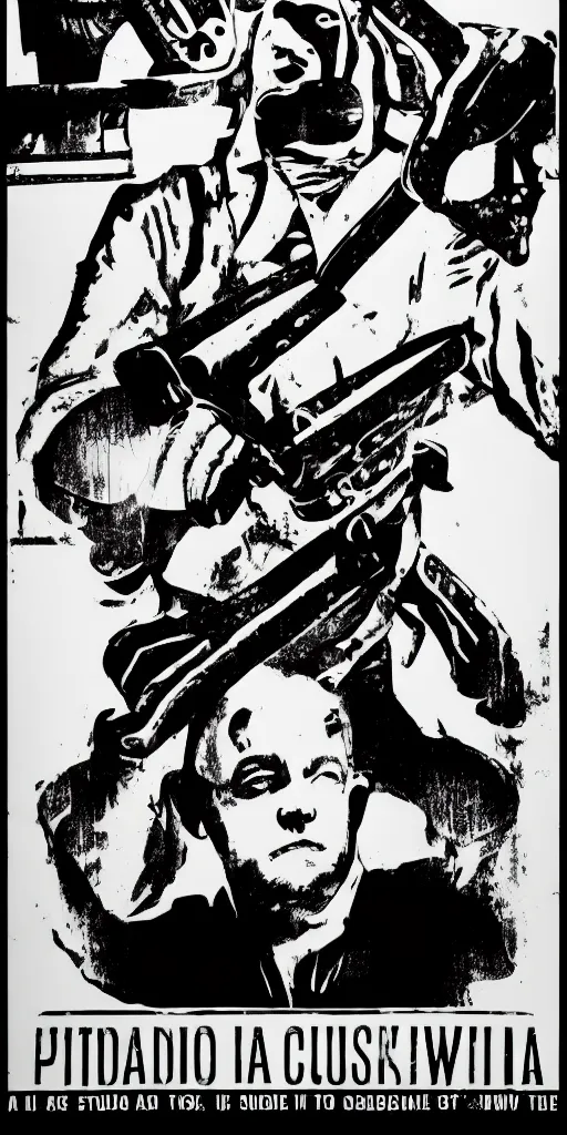 Prompt: propaganda poster for a studio with a chainsaw, black and white, street printed poster,