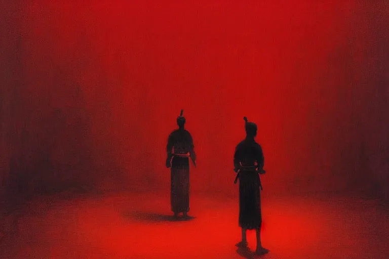 Image similar to only with red, a red samurai harakiri, tokio, a lot of frogs watch, in the style of beksinski, parts by edward hopper, parts by rodcenko, parts by yue minjun, intricate and epic composition, red by caravaggio, insanely quality, highly detailed, masterpiece, red light, artstation, 4 k