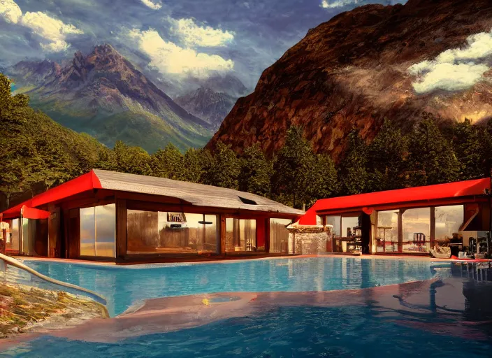 Prompt: tone hut with a swimming pool, mountain landscape, red background, beautiful landscape, dramatic lighting, cinematic, extremly high detail, photorealistic, cinematic lighting, post processed, concept art, artstation, matte painting, style by greg rutkowsky