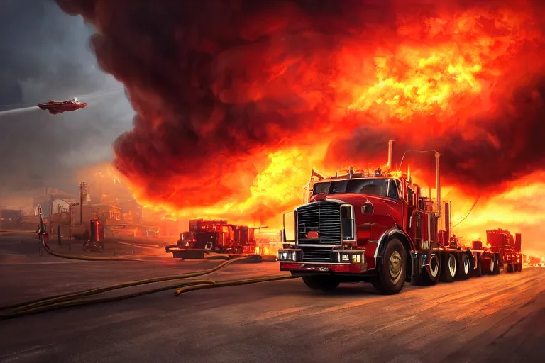 Image similar to a fire tornado picking up a tanker truck as it explodes, matte painting, long shot, concept art, wide shot, digital art, trending on artstation, 4 k, extremely detailed, realistic, midday, warm colors, golden sunlight, by greg rutkowski, cinematic, epic