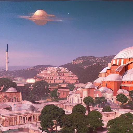 Image similar to a highly detailed painting of the hagia sophia and the done of the rock in a vaporwave style, ultrawide lense, aerial photography, unreal engine, exquisite detail, 8 k, art by greg rutkowski and alphonse mucha