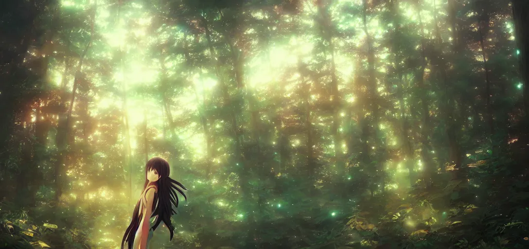 Image similar to anime forest, magical, mythical, ethereal, hyper realistic, straight lines 8k hdr pixiv dslr photo by Makoto Shinkai ilya kuvshinov and Wojtek Fus, digital art, concept art,