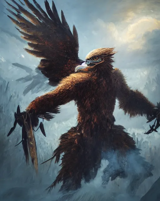 Prompt: oil painting of Angry Anthropomorphized Eagle Berserker, wearing fur armor, claws, sharp focus, attack pose, fantasy style, octane render, volumetric lighting, 8k high definition, by greg rutkowski, highly detailed, trending on art Station, magic the gathering artwork, burning Battlefield background, centered