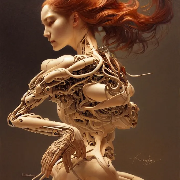 Image similar to organic cyborg, japanese wood carving, diffuse lighting, fantasy, elegant, lifelike, photorealistic, digital painting, artstation, illustration, concept art, smooth, sharp focus, art by John Collier and Albert Aublet and Krenz Cushart and Artem Demura and Alphonse Mucha