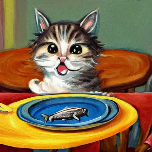 Image similar to cute painting of a cat trying to steal a fish from a plate on a dinner table